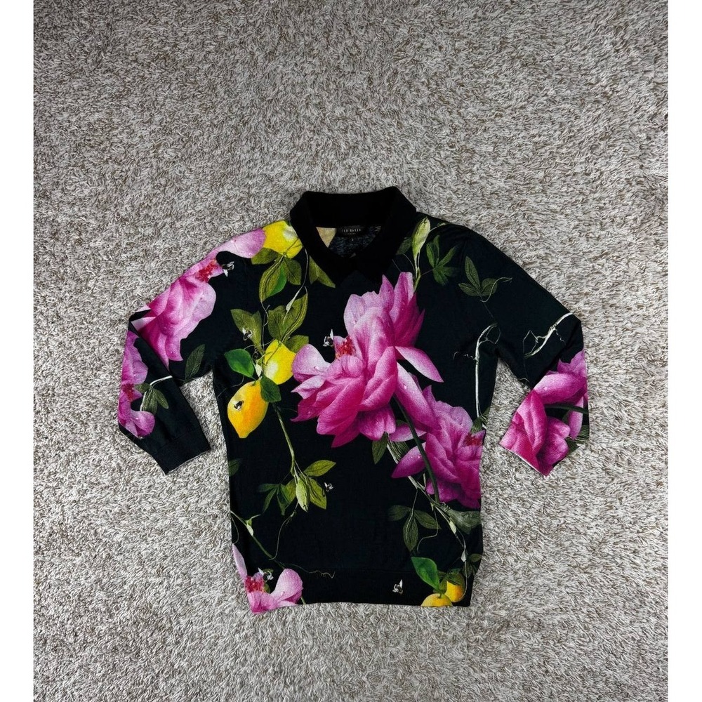 Ted Baker London Black Floral Knit Sweater Pink Rose Print Women's Size 3